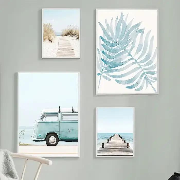 Ocean Beach Bridge Wall Art Canvas Paintings Sea Palm Tree Leaves Bus Posters Nordic Living Room Prints Pictures for Home Decor
