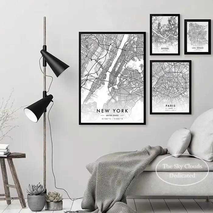 Carte de ville Paris New York toile peinture affiche HD imprimé noir et blanc