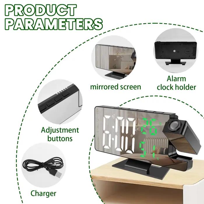 Réveil numérique LED, horloge de projection avec 180 ° Miroir de projecteur rotatif