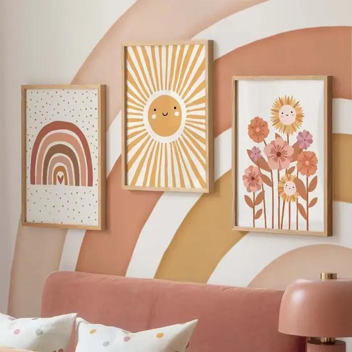 Peinture sur toile colorée arc-en-ciel soleil nuage fleur affiche imprime Style Boho Art mural pour enfant pépinière fille chambre décor décoration murale