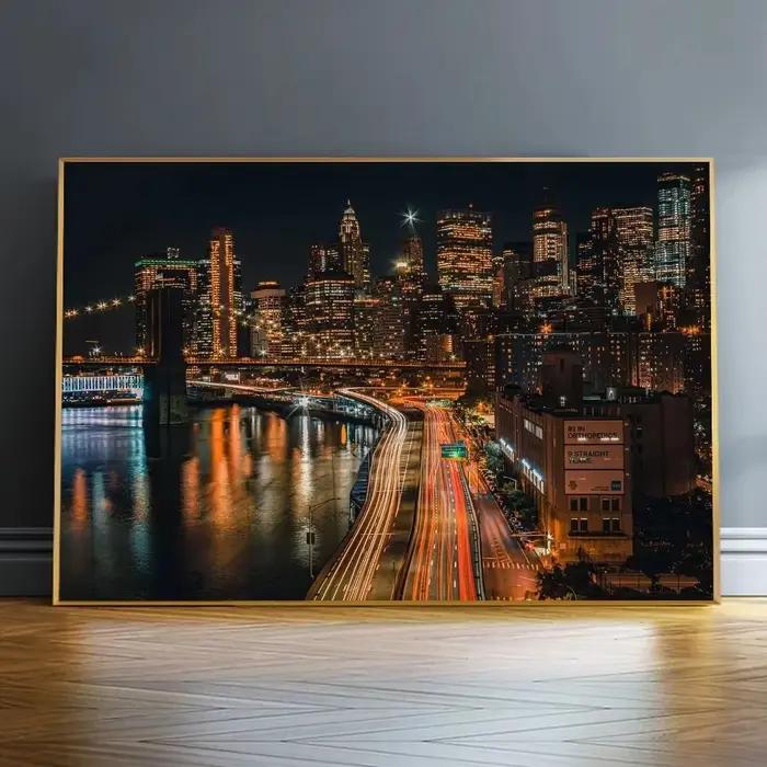 Affiche de construction néon de paysage d'horizon nocturne de ville de New York, peinture sur toile, images d'art murales pour décoration de salon et de maison