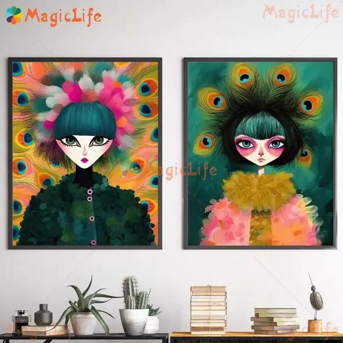 Affiches de dessin animé de portrait de fille de paon drôle