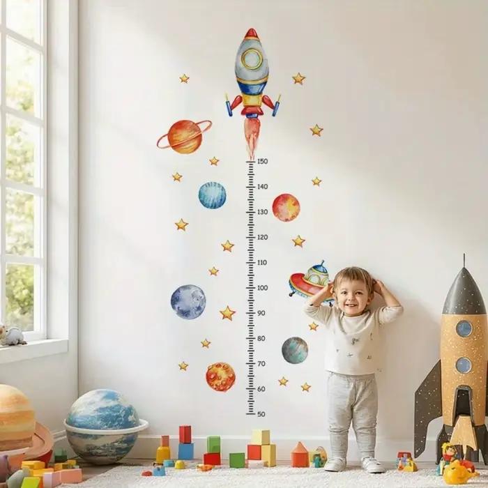 Autocollants muraux pour tableau de croissance des enfants, 2 feuilles – Suivi de la taille et de la longueur amovible avec fusée, planètes, étoiles et règle numérotée