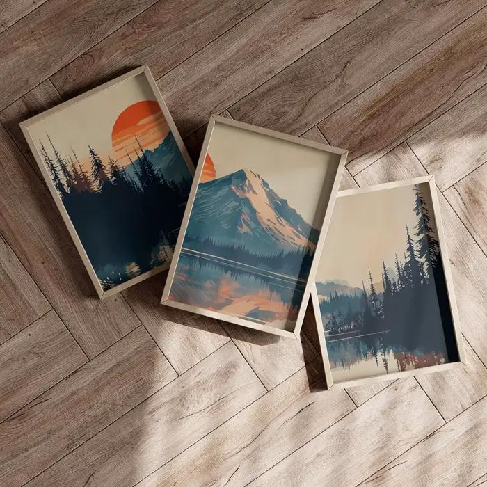 Lot de 3 affiches murales Coucher de soleil sur le Mont Rainier