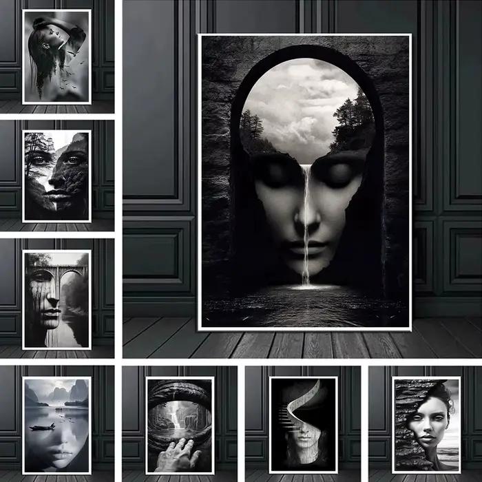 Affiche murale abstraite de paysage de visage de montagne de femme de nature humaine