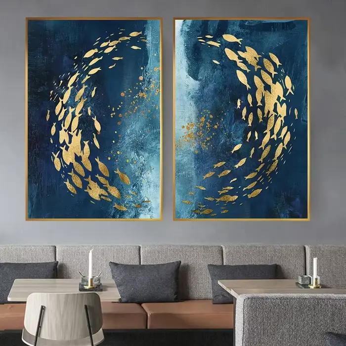 Toile de peinture abstraite de poisson doré et bleu