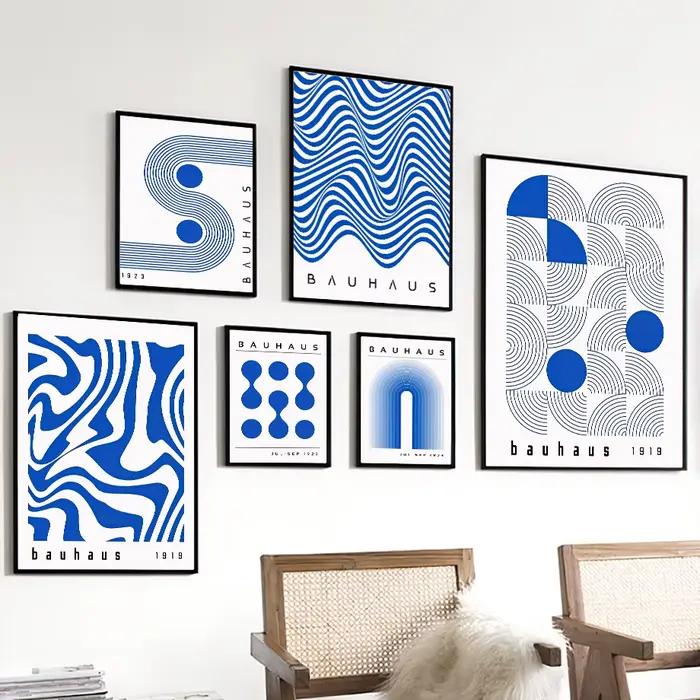 Peintures sur toile bleues Bauhaus de style moderne du milieu du siècle
