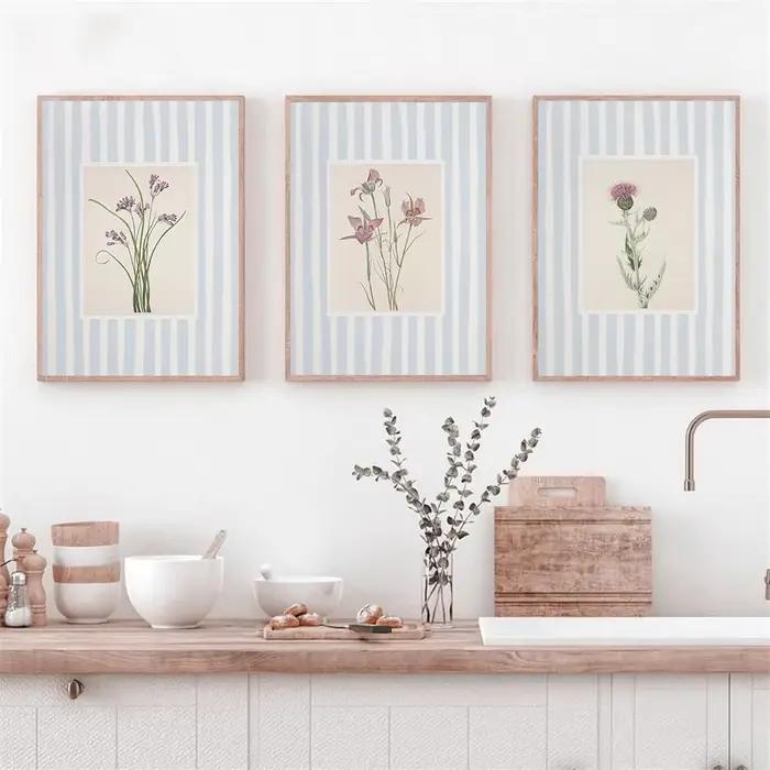 Affiche botanique à rayures bleues et florales roses, peinture sur toile imprimée neutre Cottagecore, tableau d'art mural pour décoration de salon et de maison