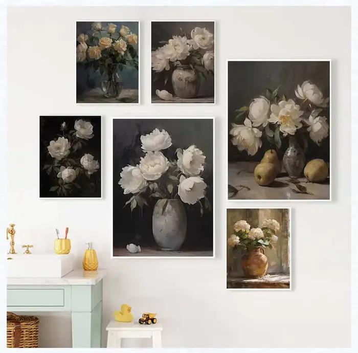 Peinture de fleurs de printemps dans un Vase Vintage, pivoines moody, Rose, affiche Vintage, nature morte, toile d'art imprimée, décor de ferme botanique