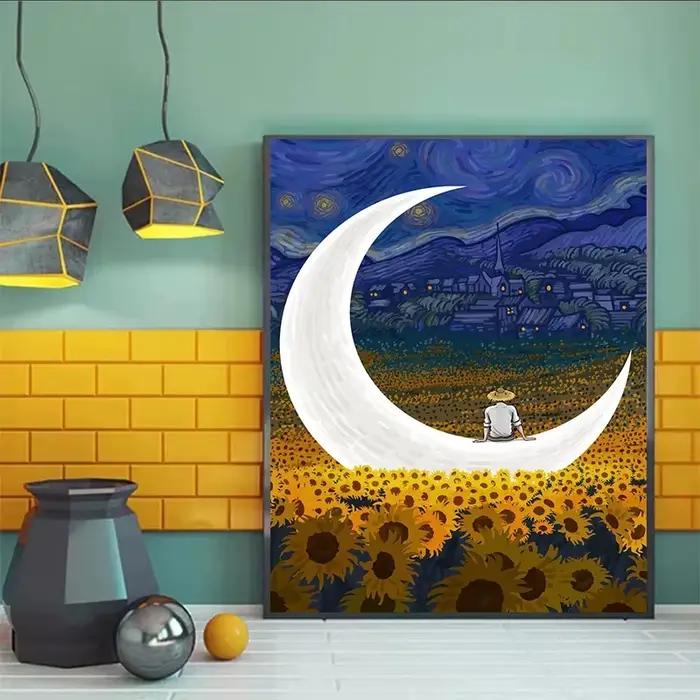 Abstrait Van Gogh tournesol fleur ciel étoilé Art photos affiche impression peinture à l'huile toile