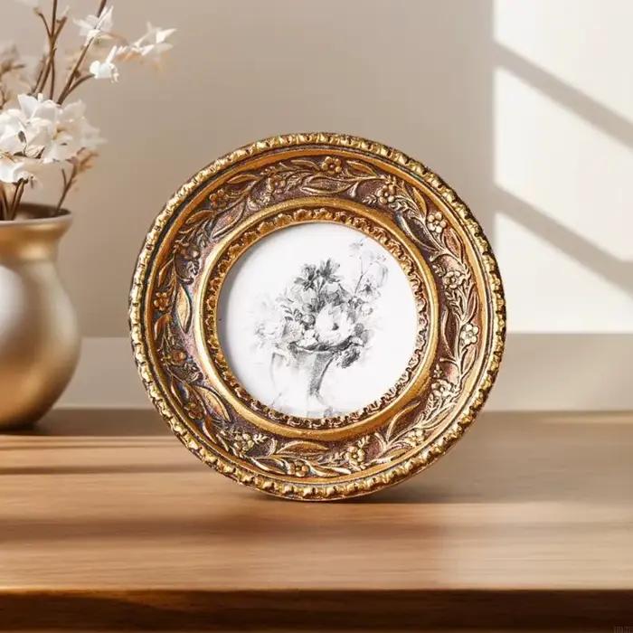 Cadre Photo rond en Bronze Antique or