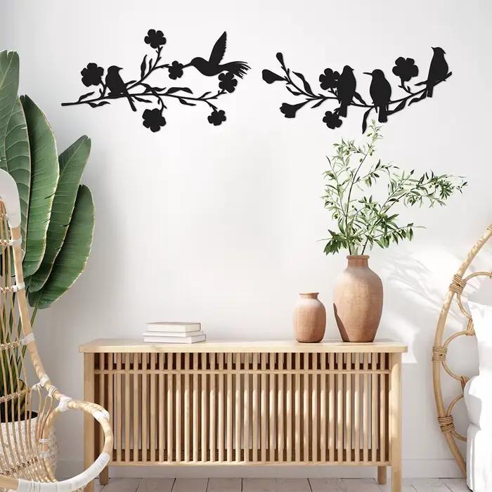 Silhouette d'Oiseaux sur Branche en Métal pour Décoration Murale