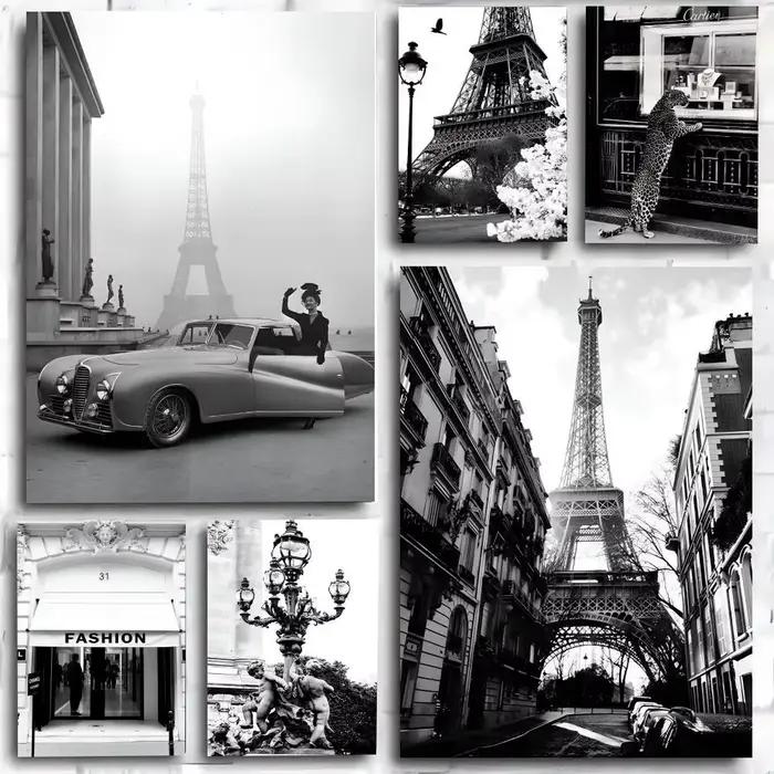 Affiche d'art de style anime, noir et blanc, à la mode, sur l'architecture rétro de Paris, la tour Eiffel, décoration de maison, décoration de chambre parfaite