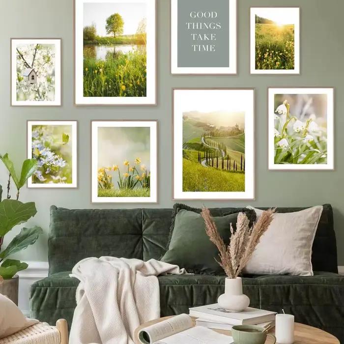 Peinture sur toile murale avec paysage de printemps, fleurs, plantes vertes, affiche d'impression, décoration moderne pour le salon, peinture murale