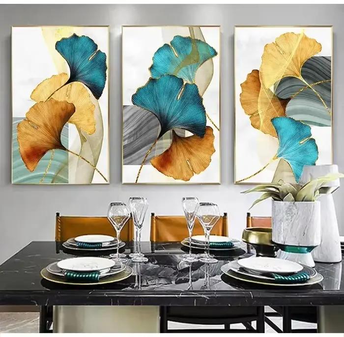Image moderne décor de salon bleu vert jaune or plante feuille abstraite nordique toile impression mur Art peinture