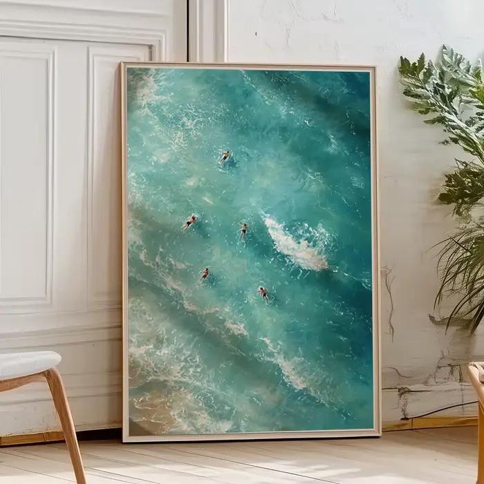 Peinture sur toile sur le thème de la plage et de l'été : Affiche décorative bleu-vert frais pour salon et chambre à coucher - Sans cadre