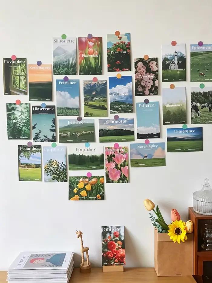 30 autocollants affiches imprimées Paysage Naturel Colline Verte Nordique