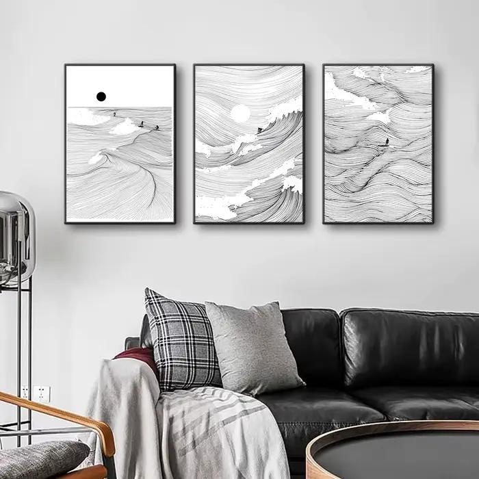 Tableaux d'art linéaire sur toile avec motifs vagues