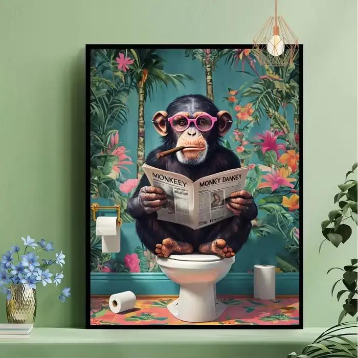 Un gorille drôle sans cadre lisant un journal sur la peinture sur toile des toilettes pour la décoration artistique du