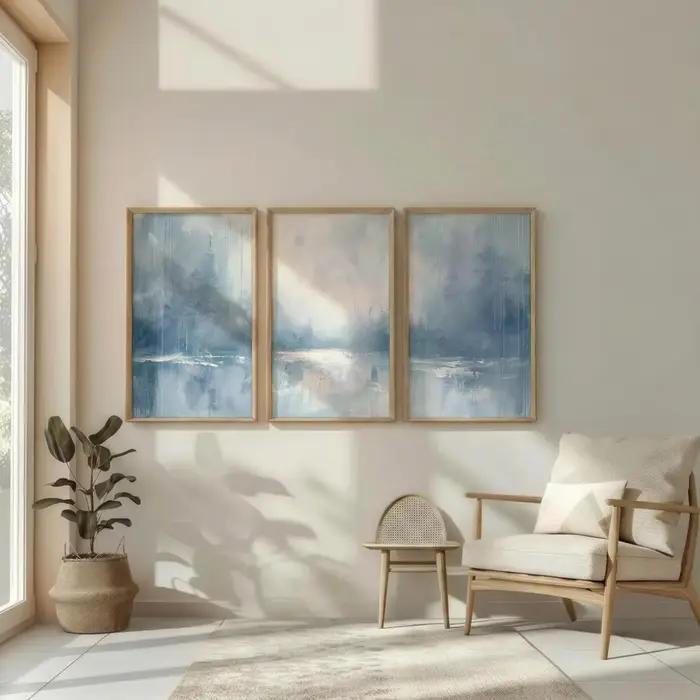 Lot de 3 tableaux muraux abstraits bleu ardoise et blanc