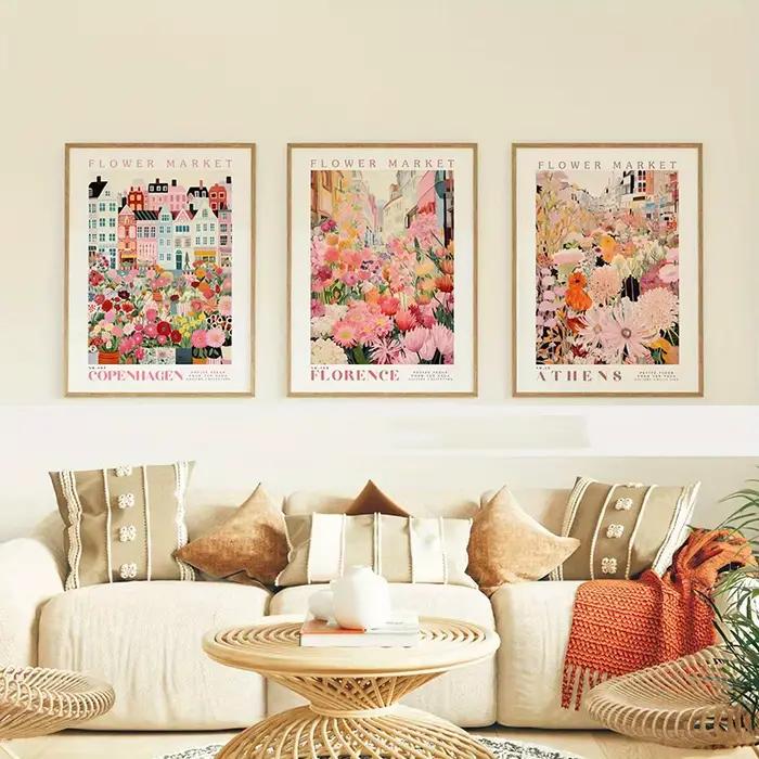 Lot de 3 affiches d'art sur toile modernes sur le thème du marché des fleurs