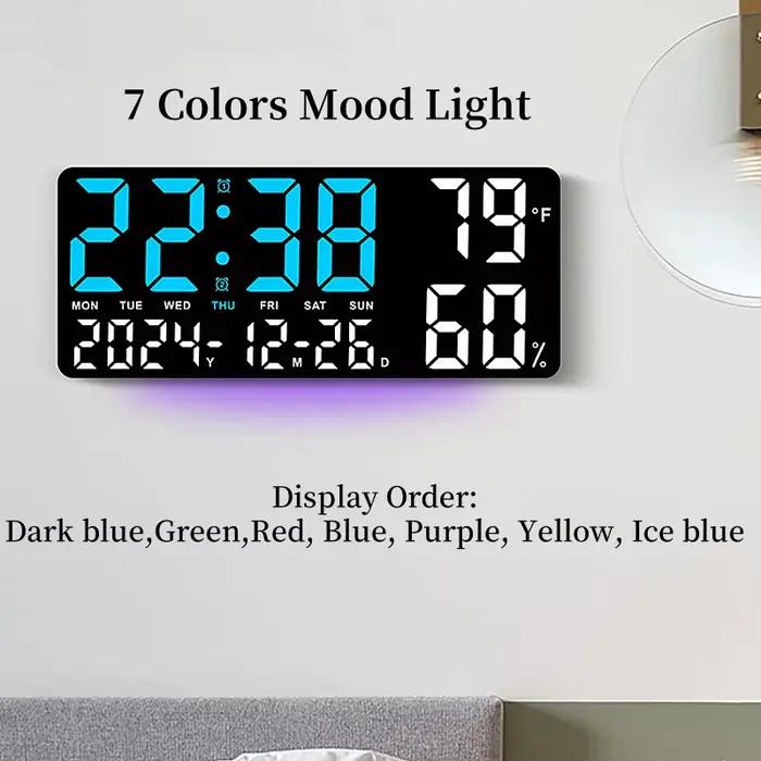 Grande horloge murale numérique avec lumière d'ambiance 7 couleurs