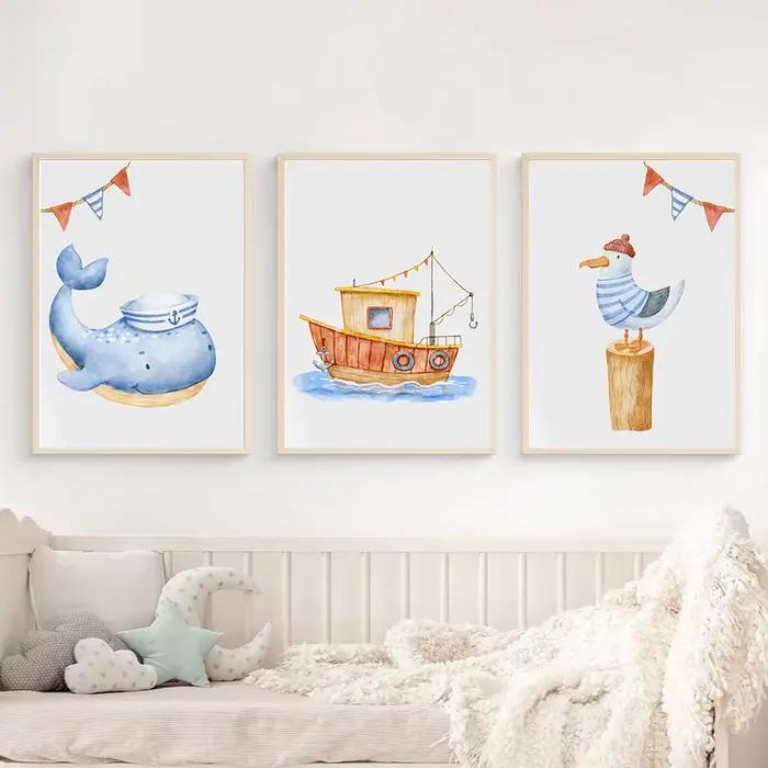 Aquarelle pépinière océan nautique bateau ancre phare affiche imprime