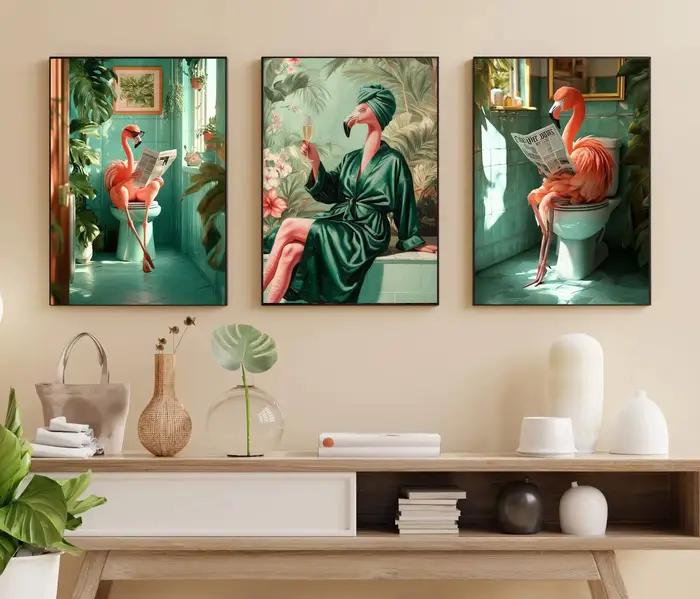 Affiches d'impression sur toile de flamant rose fantaisiste lisant un journal