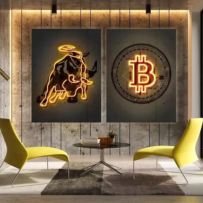 Toile d'art mural néon Bitcoin Bull Crypto or