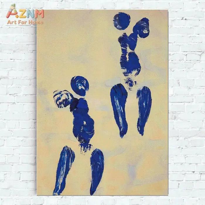 AZNM Peinture sur toile abstraite bleu Klein, art mural moderne texturé, motif éclaboussures d'encre, figure humaine, sans cadre, pour un style minimaliste