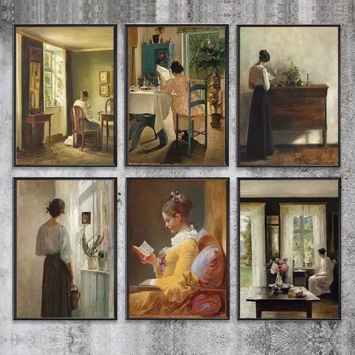 Peinture à l'huile antique représentant une femme lisant sur toile