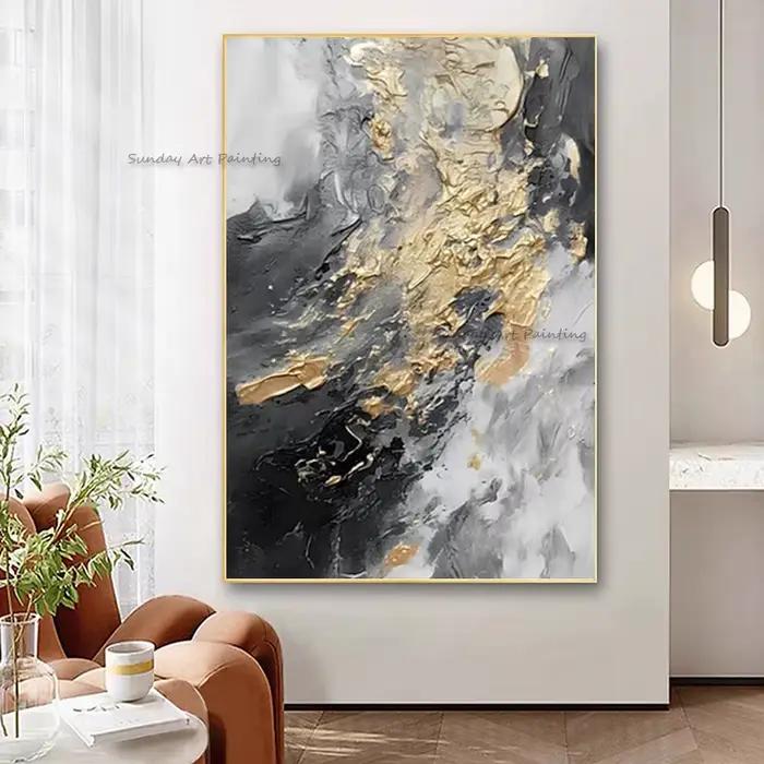 Noir blanc Beige abstrait Simple mur Art décor pour chambre Hall dessiné à la main or