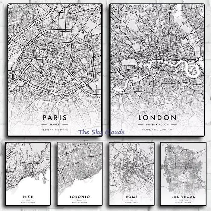 Carte de ville Paris New York toile peinture affiche HD imprimé noir et blanc