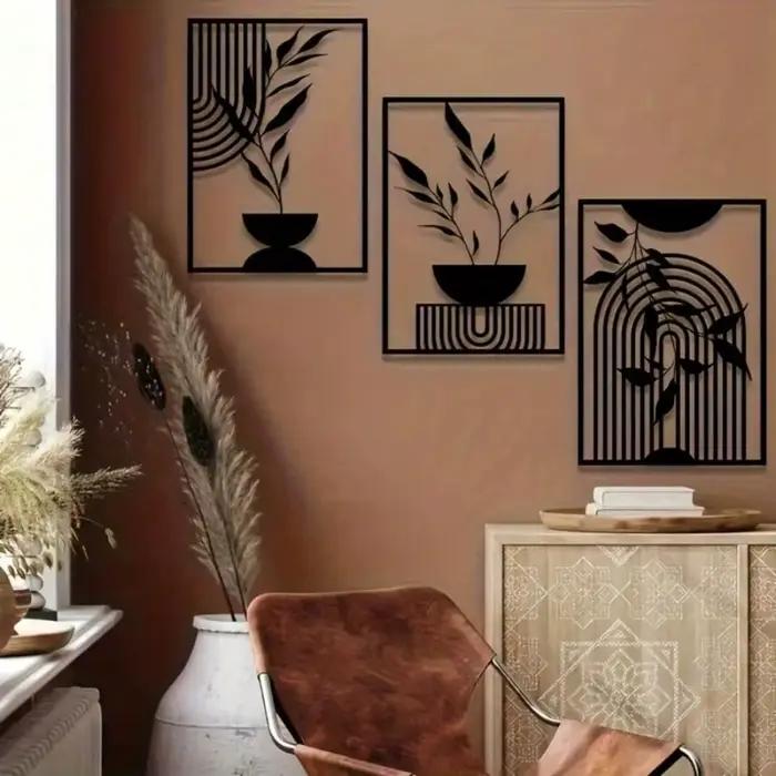 Ensemble de 3 pièces d'art mural en métal et fer noir