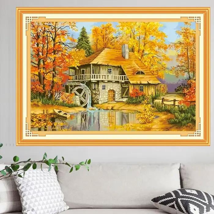 Peinture de cabine d'automne sur toile imprimée
