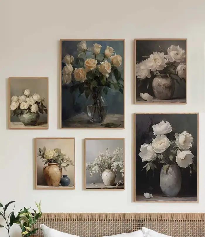 Peinture de fleurs de printemps dans un Vase Vintage, pivoines moody, Rose, affiche Vintage, nature morte, toile d'art imprimée, décor de ferme botanique