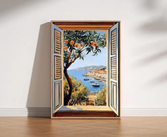 Fenêtre ouverte Henri Matisse imprimée Style fauvisme œuvre moderne mer méditerranéenne thème d'arbre Orange pour la décoration intérieure