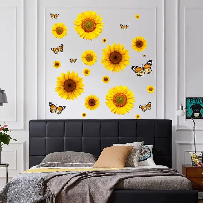Autocollant mural papillon tournesol, décoration murale fleurs et plantes, pour chambre, salon, cuisine, art mural, décoration intérieure