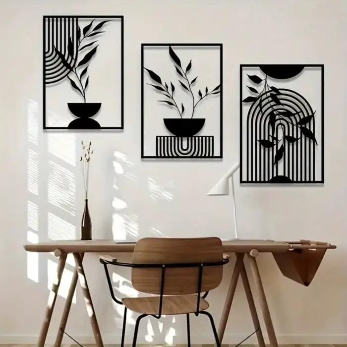 Ensemble de 3 pièces d'art mural en métal et fer noir