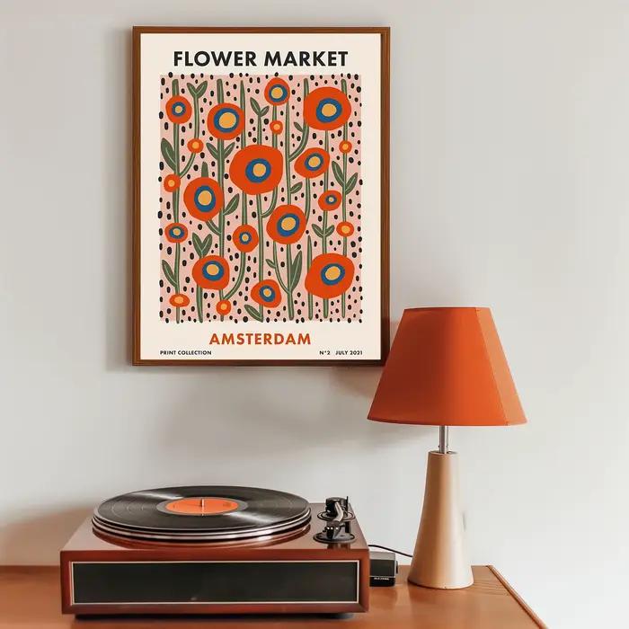 Affiche abstraite colorée rétro du marché des fleurs d'amsterdam