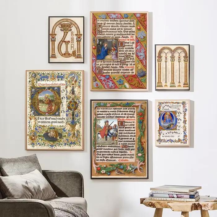 Affiches manuscrites éclairées sur le thème médiéval