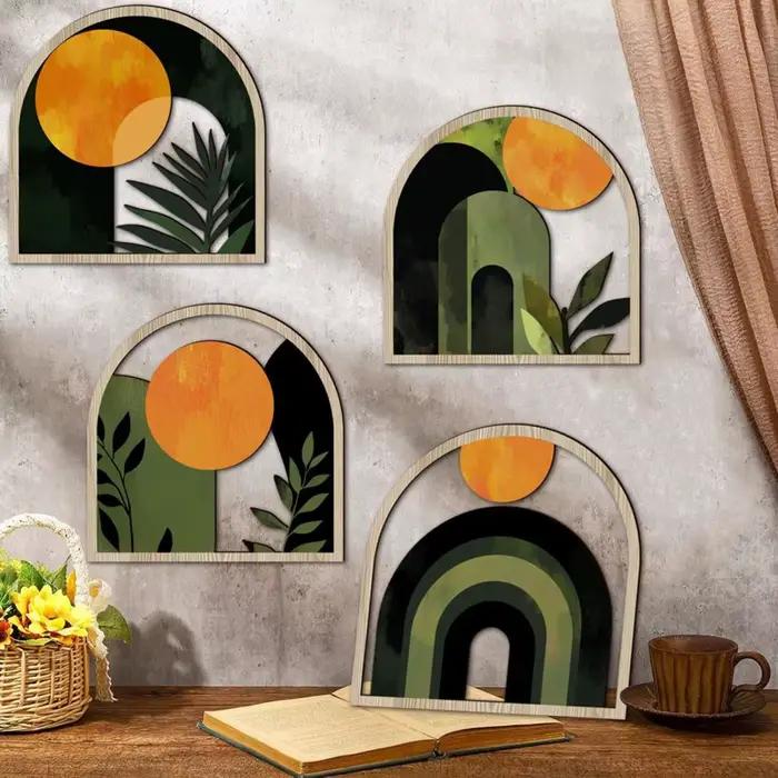 4 Pièces Décoration Murale Ronde en Bois Style Bohème