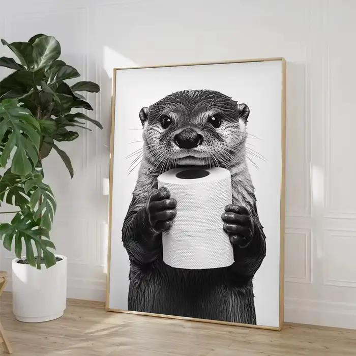 Highland vache loutre chat raton laveur avec papier toilette affiche impression toile peinture salle de bain mur Art
