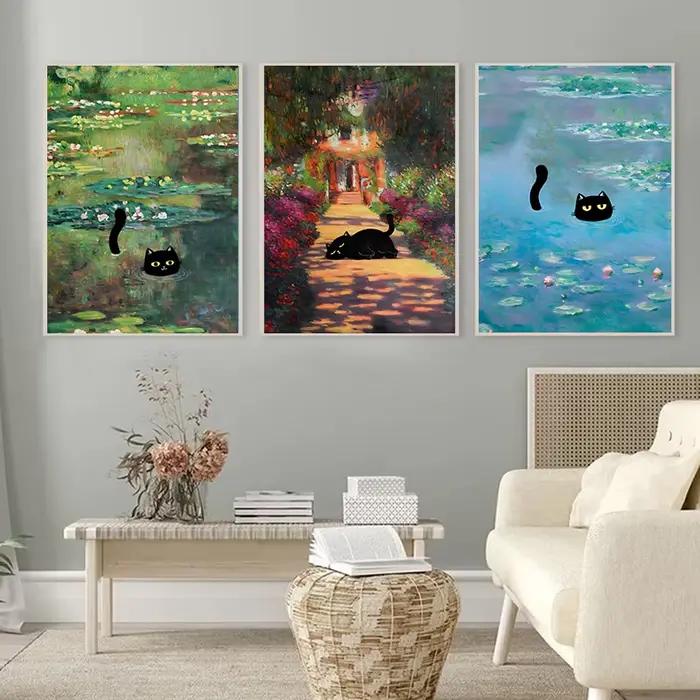 Peintures célèbres Mona Lisa nuit étoilée avec drôle chat noir affiche toile peinture tournesol Reproduction mur Art décor à la maison