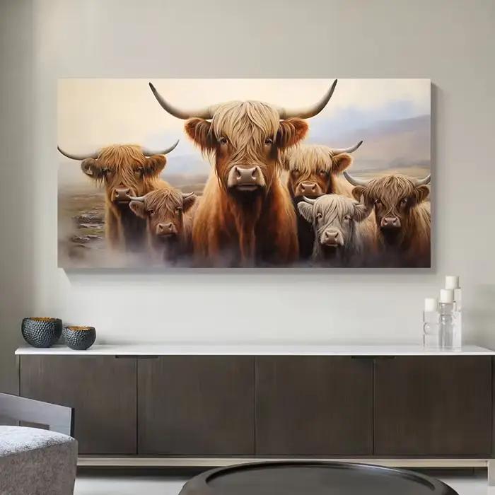 Une œuvre d'art 2D/plat représentant une famille de vaches des Highlands
