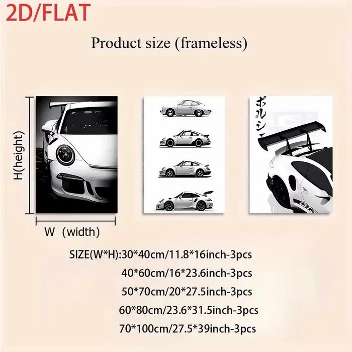 1 ensemble de trois tableaux décoratifs sans cadre de voitures de sport Porsche, affiches de voitures modernes en noir et blanc, design plat 2D.