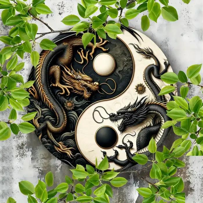 Panneau métallique Dragon chinois Yin-Yang – Art mural Oriental noir et blanc pour la maison