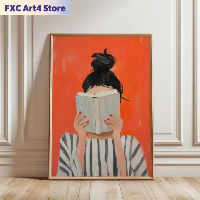 Impression d'art de femme lisant sans cadre | affiche de livre | art mural féminin et confortable