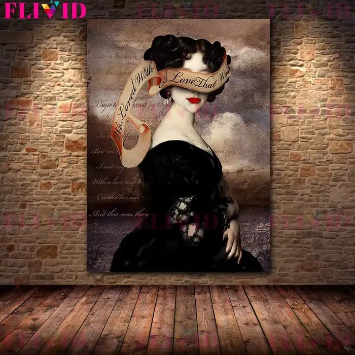 Gramophone et corbeau fille victorienne Vintage mur Art toile peinture citation poésie littérature Goth Art affiche imprimer décor à la maison