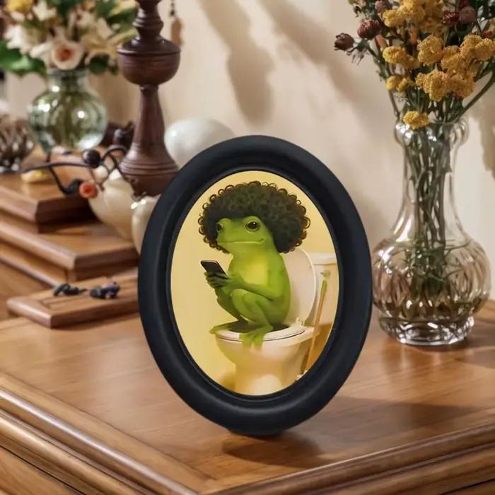 1 pièce de décoration murale amusante en forme de grenouille de toilette avec cadre ovale